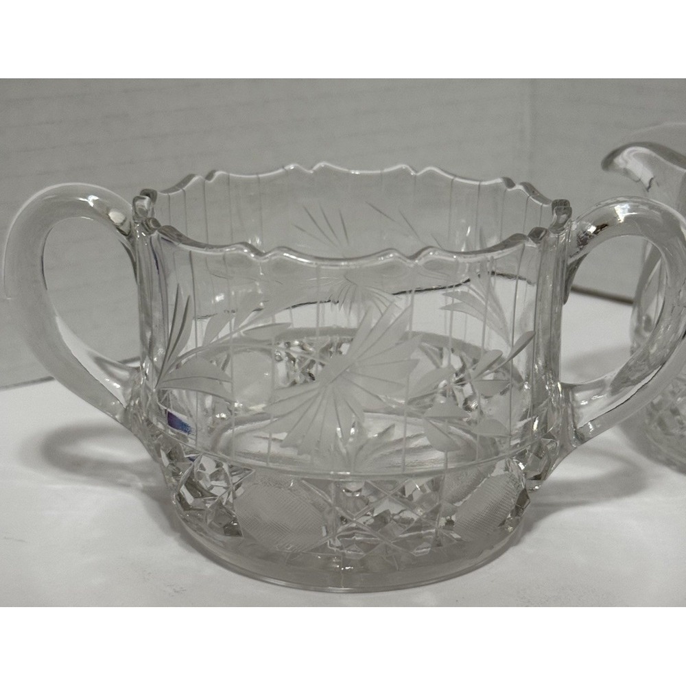 AMERICAN GLASS SUGAR BOWL & CREAMER WITH ETCHED FLOWER‎ Vintage MCM